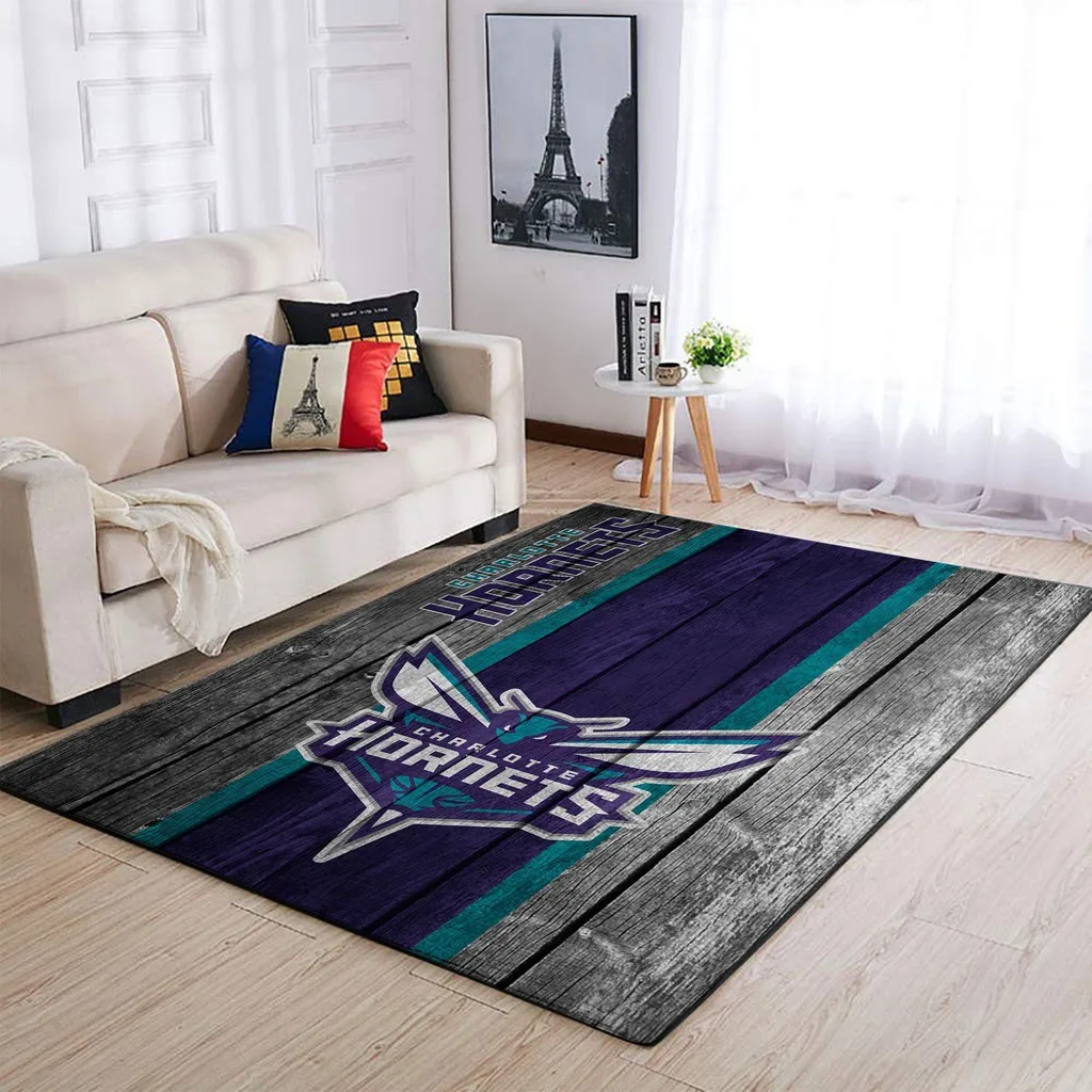 Charlotte Hornets Rug - Vintage Wood Floor for Home Purple and Gray