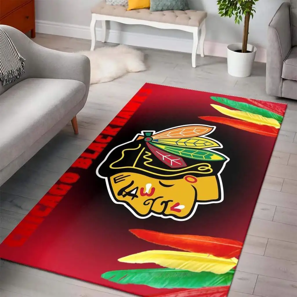 Chicago Blackhawks Rug - with Feather Design Red and Yellow