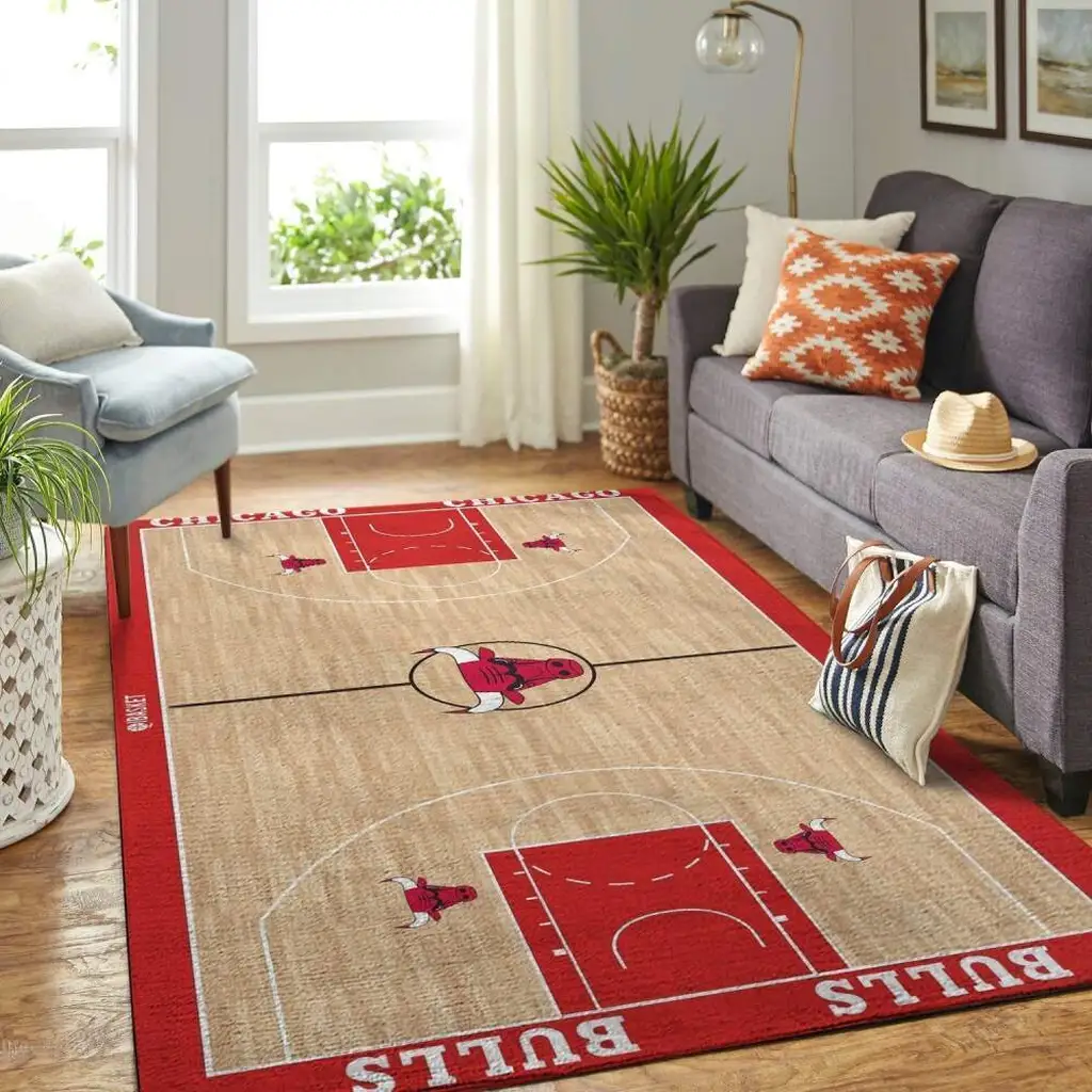 Chicago Bulls Rug - Basketball Court Area for Living Room Beige and Red