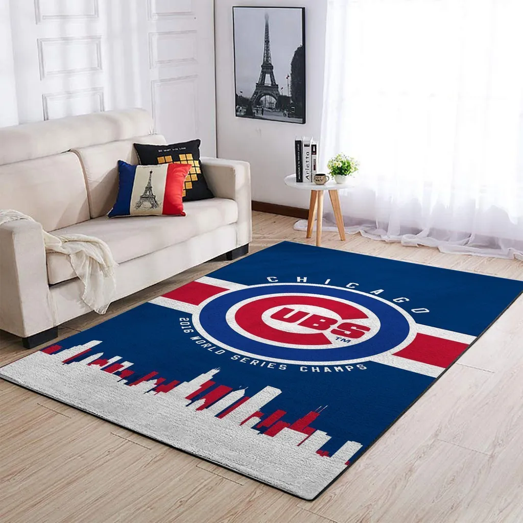 Chicago Cubs Rug - with Skyline and World Series Design Blue and Red