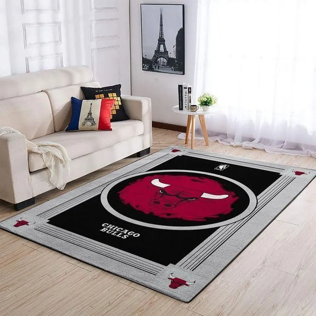 Chicago Hoops Logo Area Rug Carpet for Basketball Fans Black and Red