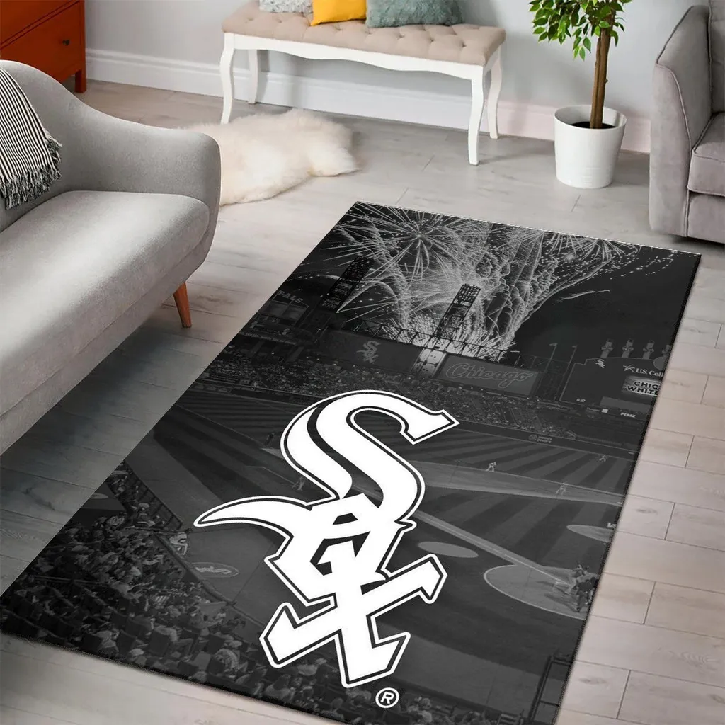Chicago Sox Rug - Baseball Field Area Fans Black and White