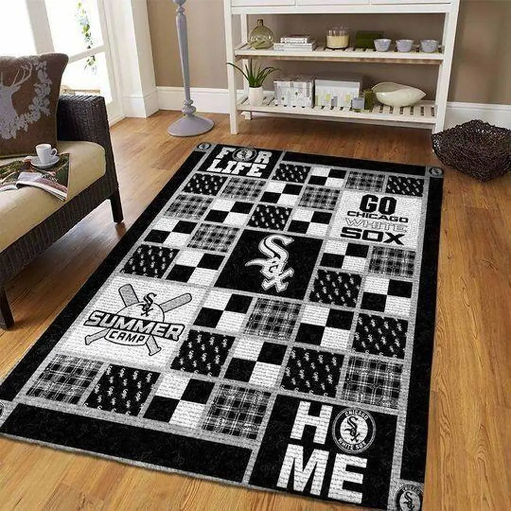 Chicago Sox Rug - Patchwork Area for Home Decor Black and White