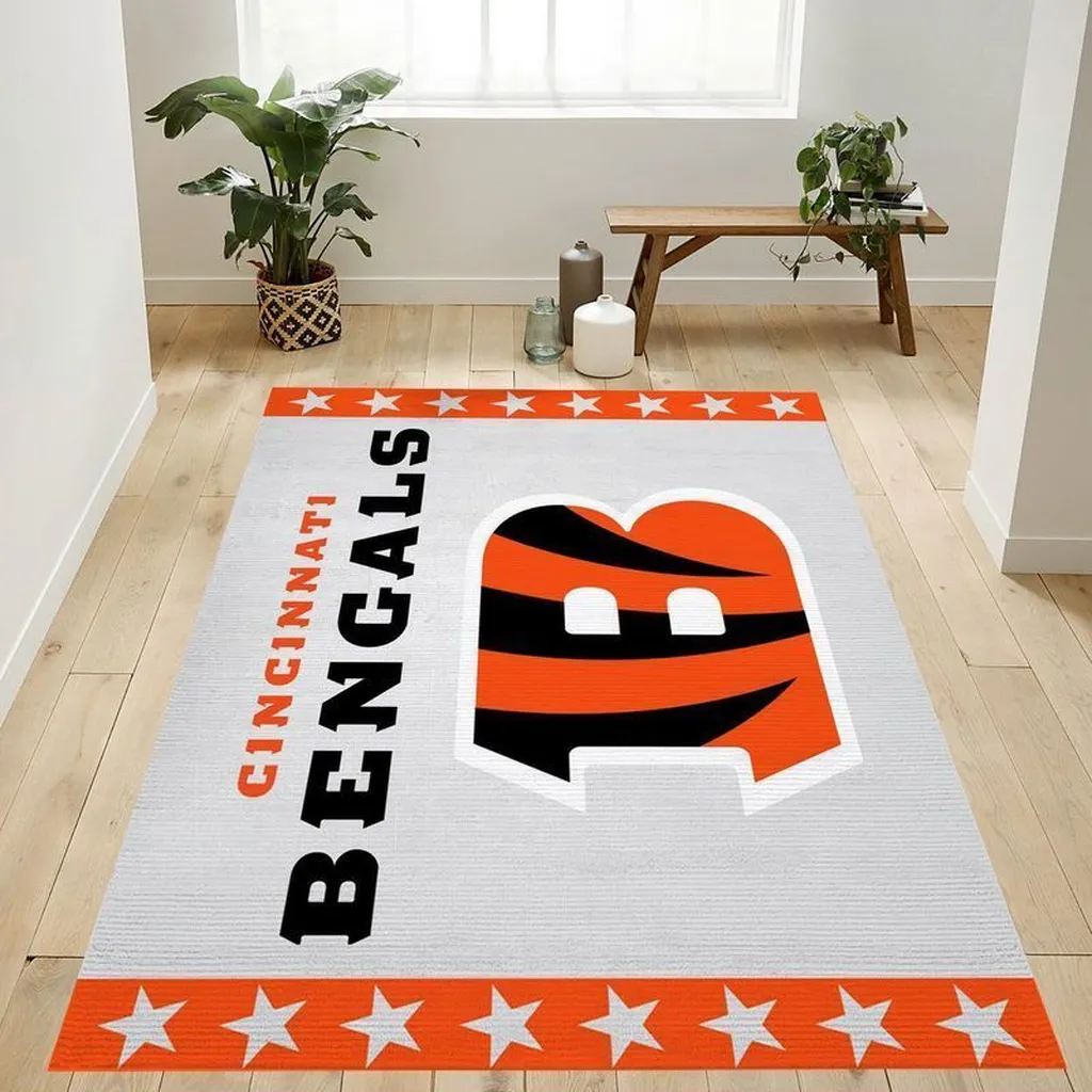 Cincinnati Bengals Rug - Area with Star Border Design Black and Orange
