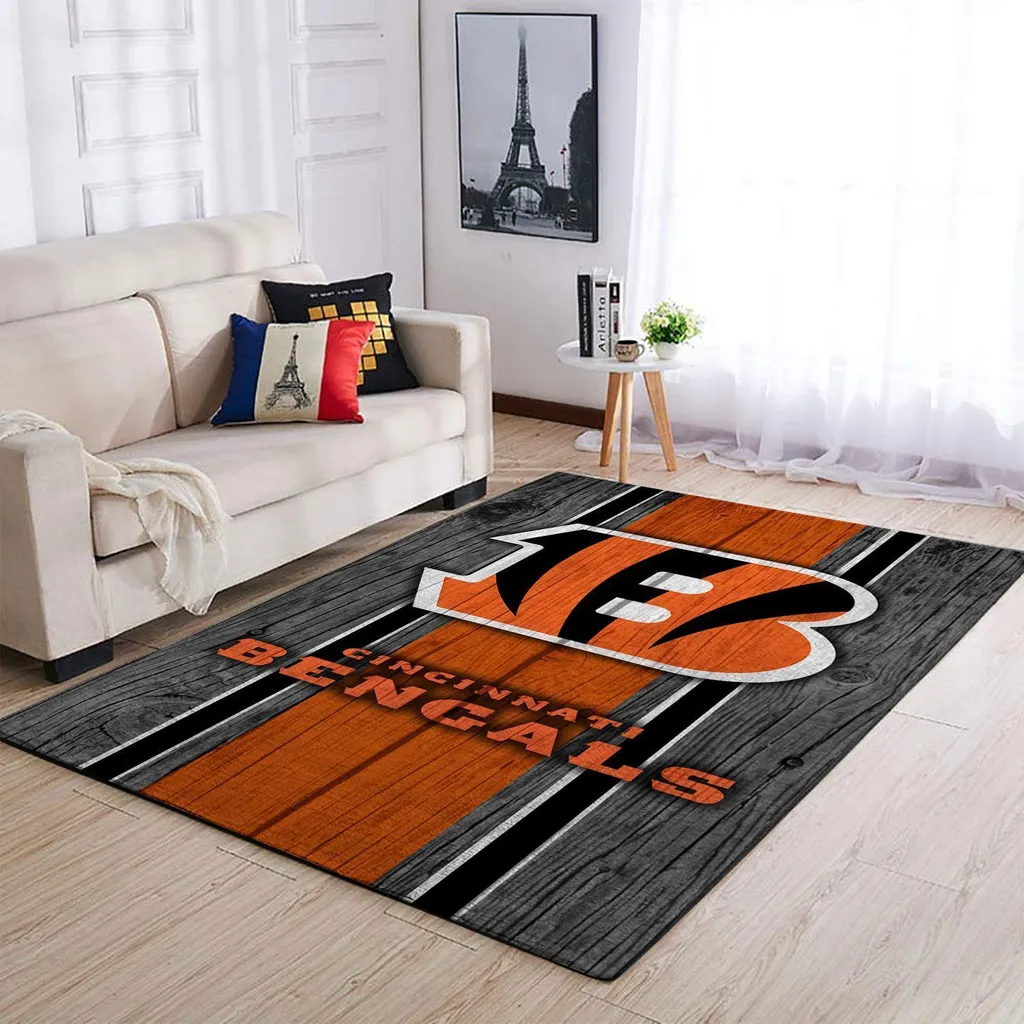 Cincinnati Bengals Rug - Area Wood Pattern Floor Carpet Black and Orange