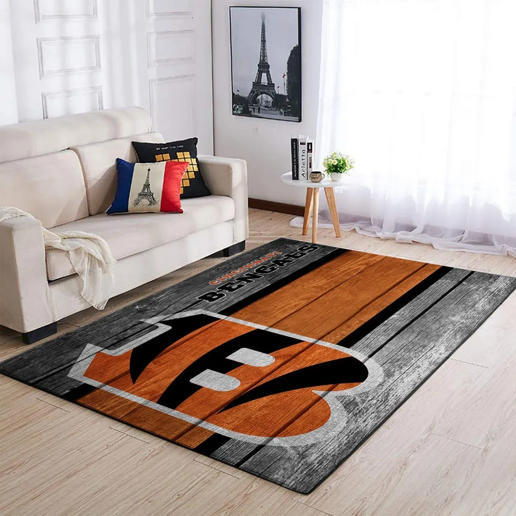 Cincinnati Bengals Rug - Area Wood Plank Floor Mat Black and Orange