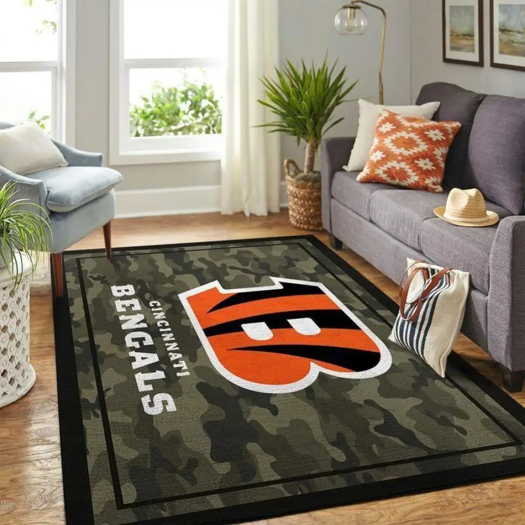 Cincinnati Bengals Rug - Camouflage for Living Room Green and Orange