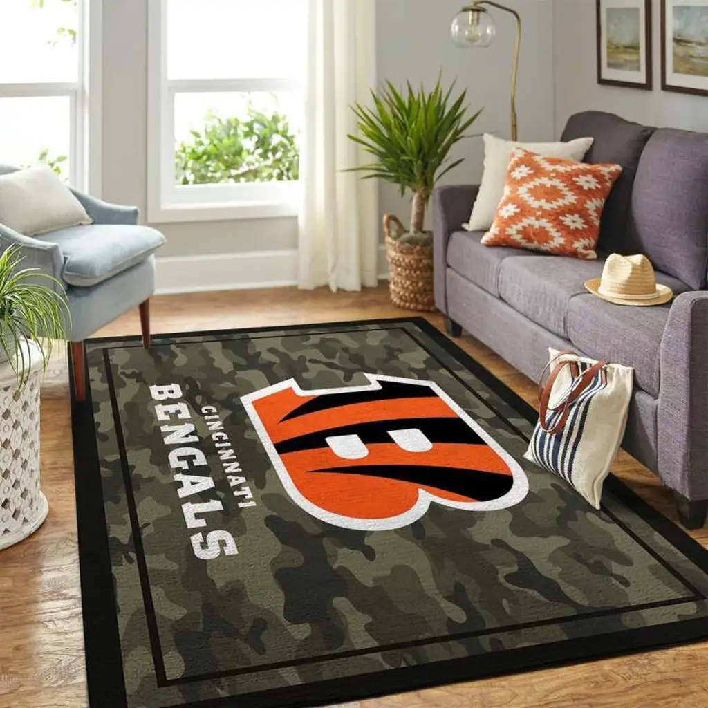 Cincinnati Bengals Rug - Camouflage Team Design Carpet Green and Orange