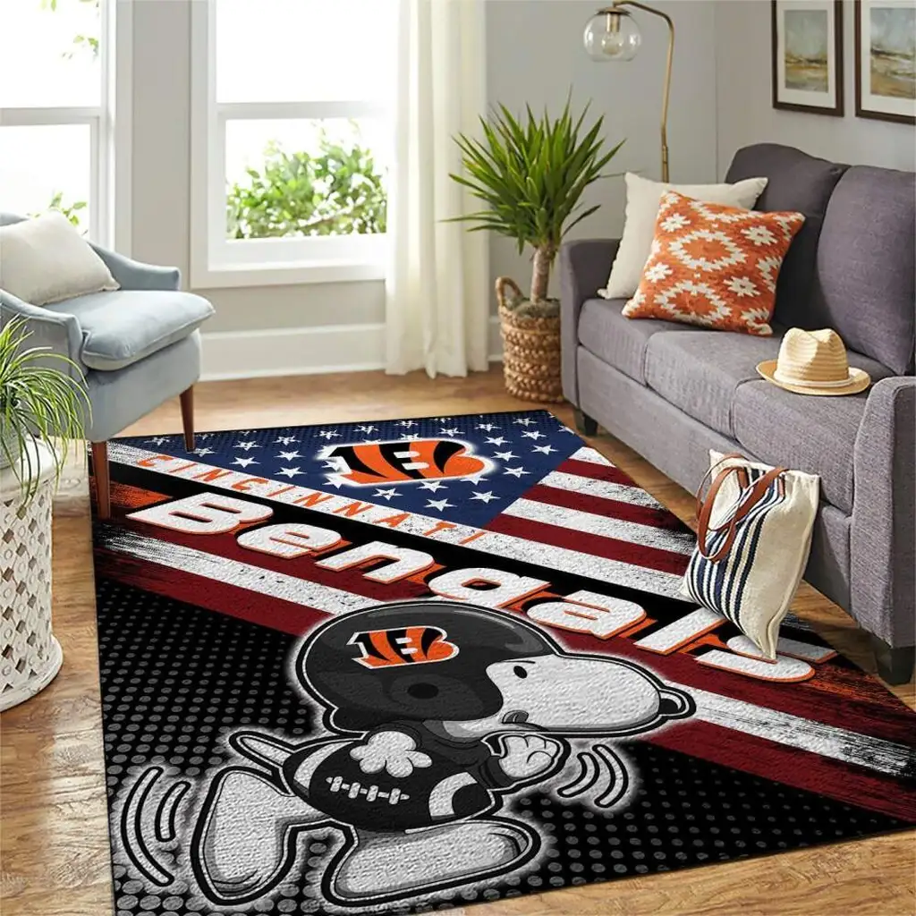 Cincinnati Bengals Rug - Design with American Flag Pattern Black and Orange