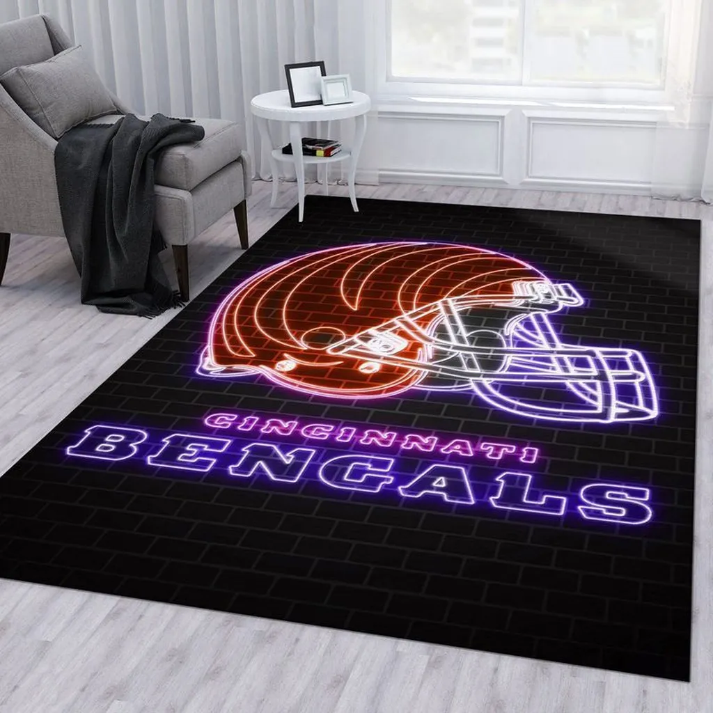 Cincinnati Bengals Rug - Neon Football Helmet for Fans Orange and Purple