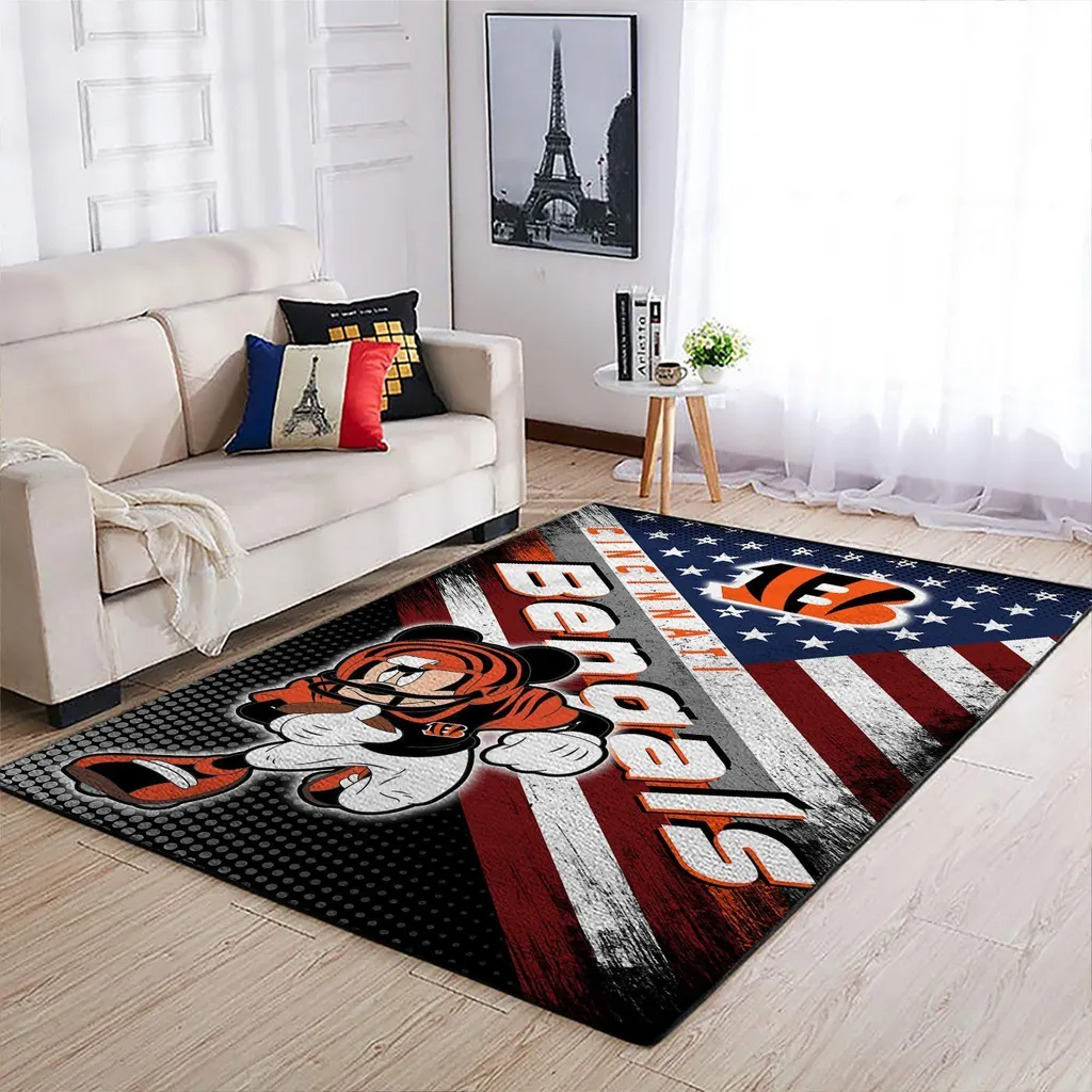 Cincinnati Bengals Rug - with American Flag Design Black and Orange