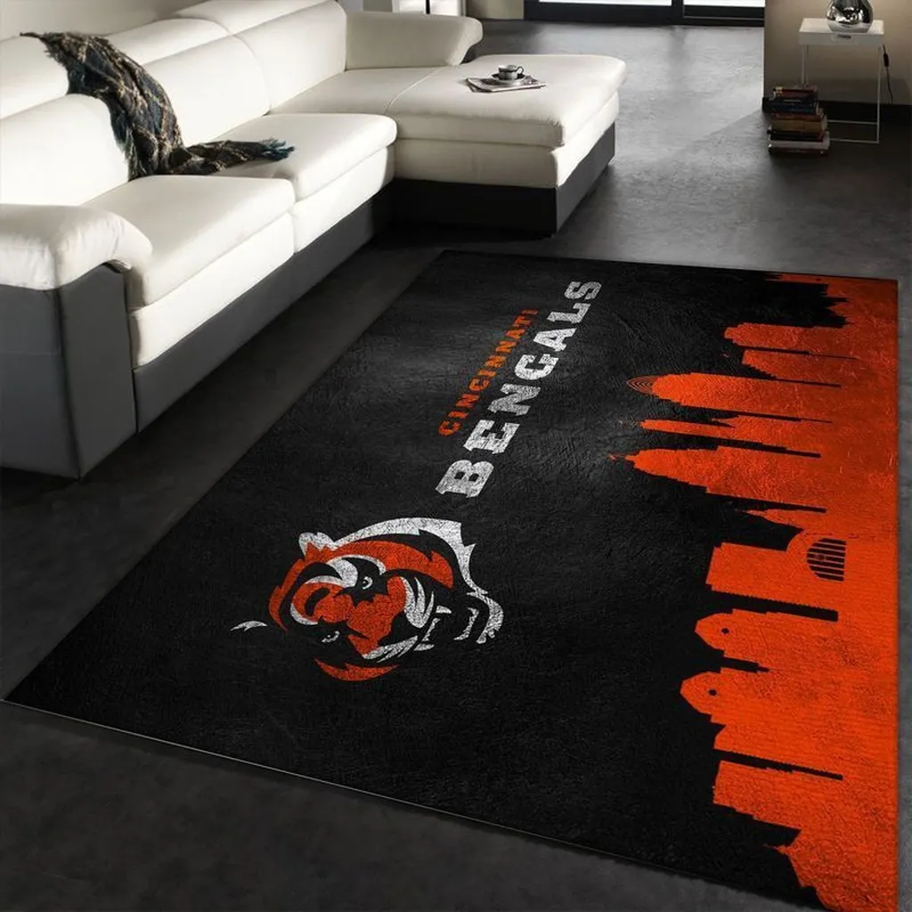 Cincinnati Bengals Rug - with Skyline Design for Fans Black and Orange