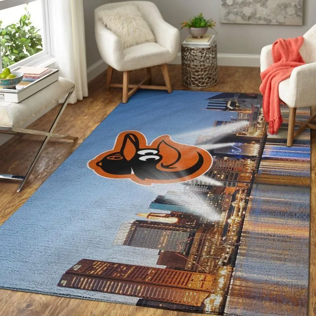 Cityscape Rug with Playful Dog for Living Room Decor Blue and Orange
