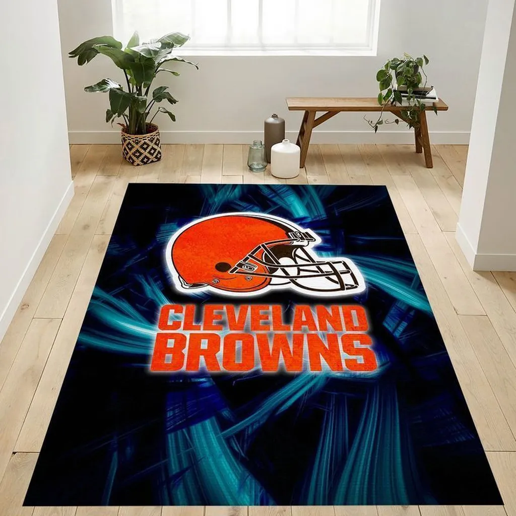 Cleveland Browns Rug - NFL Team with Helmet Backdrop Blue and Orange