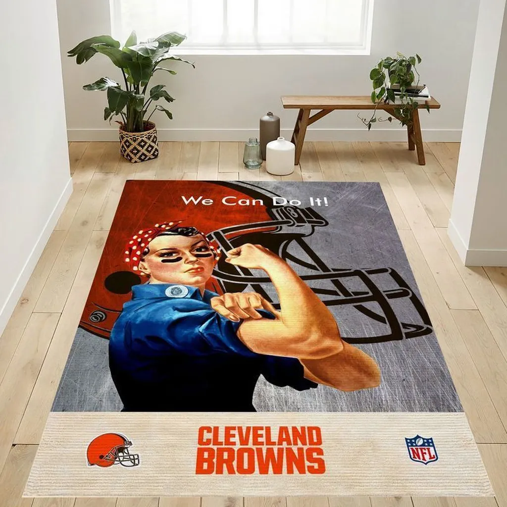 Cleveland Browns Rug - We Can Do It Fan Design Blue and Orange
