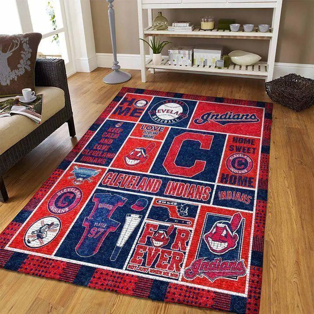 Cleveland Indians Themed Rug for Stylish Home Decor Blue and Red