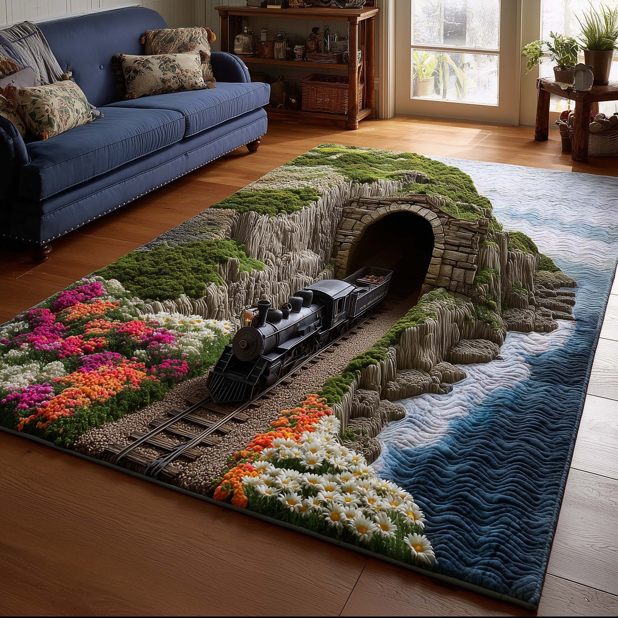 Cliffside Floral Locomotive Area Rug - Non-Slip Washable 3D Print Rug for Living Room & BedroomTVC2108423