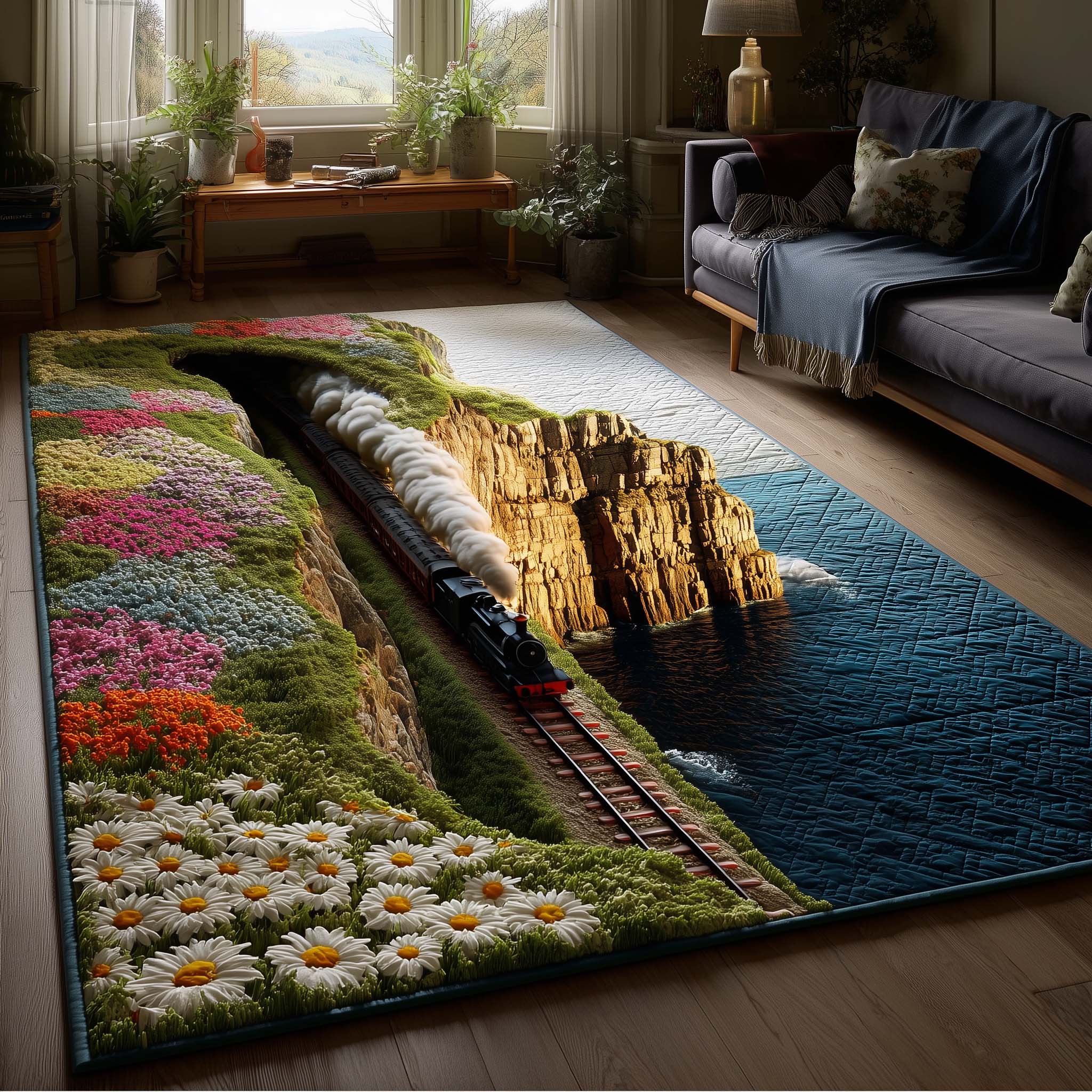 Coastal Blossom Express Area Rug - Non-Slip Washable 3D Print Rug for Living Room & BedroomTVC2108423