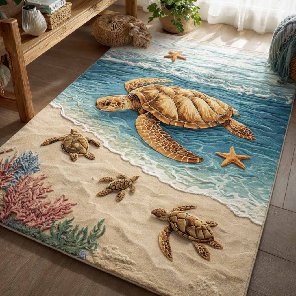 Coastal Turtle Area Rug - Non-Slip Washable 3D Print Rug for Living Room & BedroomTVC2108216