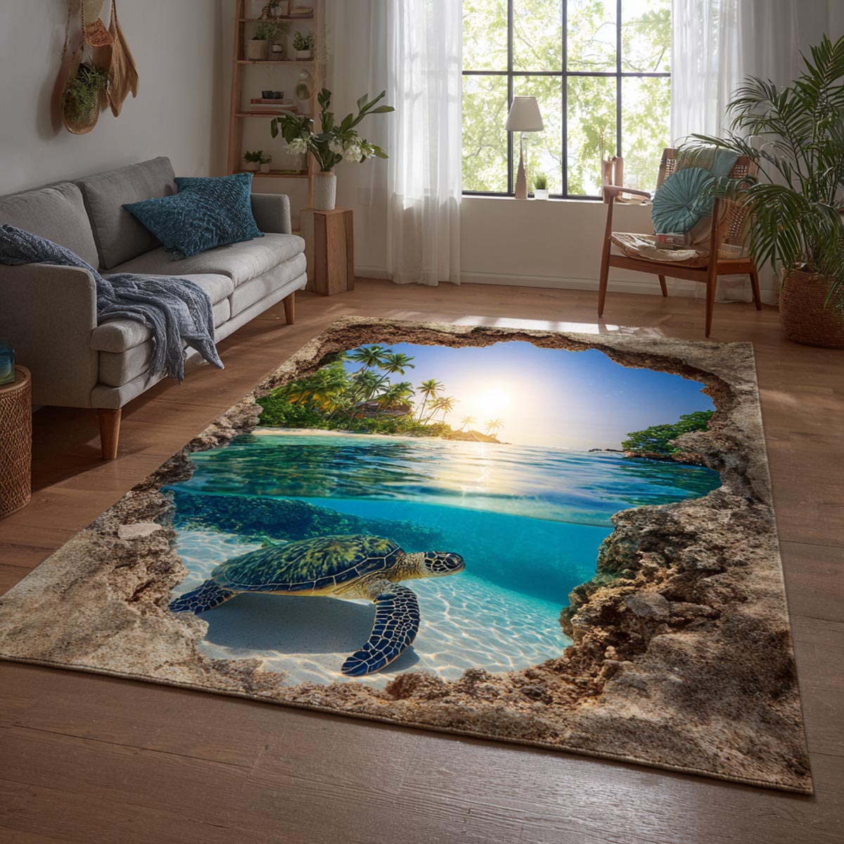 Coastal Turtle Area Rug - Non-Slip Washable 3D Print Rug for Living Room & BedroomTVC2108344