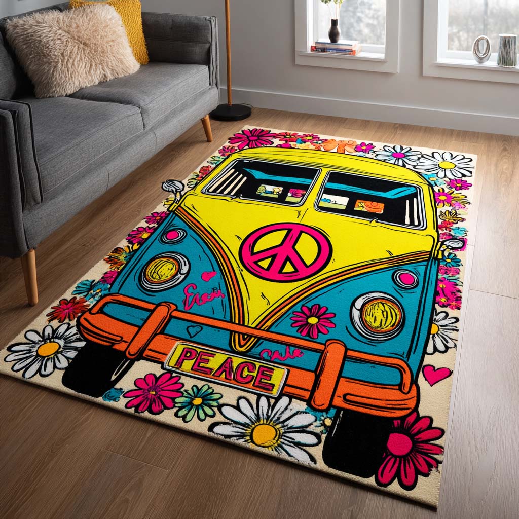 Colorful Van Daisy Area Rug - Non-Slip Washable 3D Print Rug for Living Room & BedroomTVC2108343