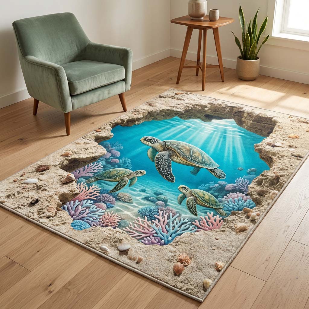 Coral Cove Turtles Area Rug - Non-Slip Washable 3D Print Rug for Living Room & BedroomTVC2108423