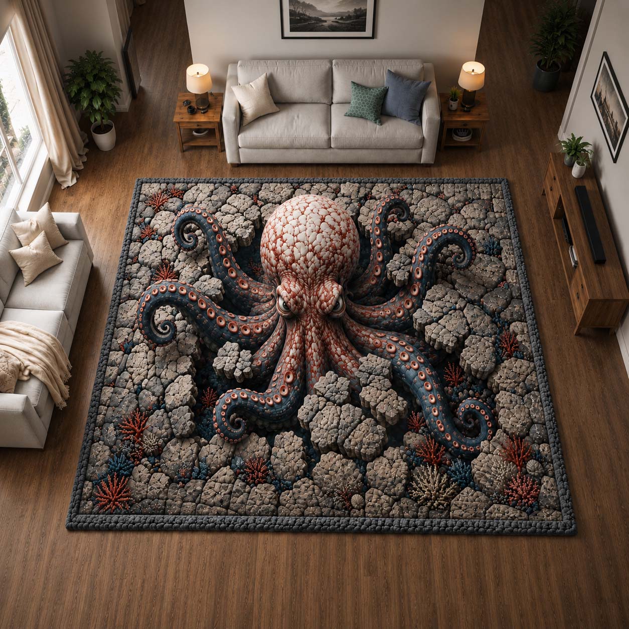 Coral Octopus Reef Area Rug - Non-Slip Washable 3D Print Rug for Living Room & BedroomTVC2108423