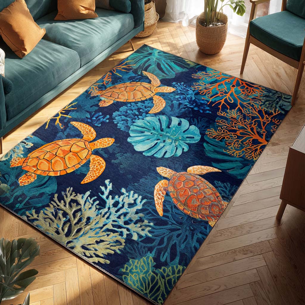 Coral Turtle Area Rug - Non-Slip Washable 3D Print Rug for Living Room & BedroomTVC2108342