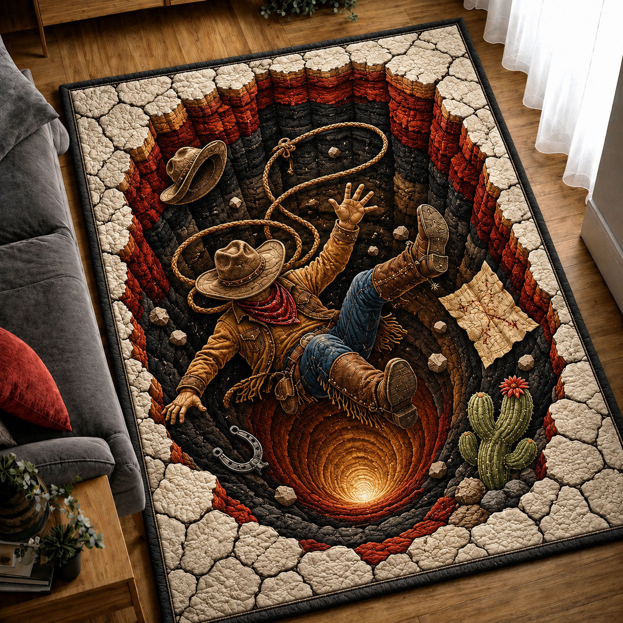 Cowboy Falling Into Desert Sinkhole Area Rug - Non-Slip Washable 3D Print Rug for Living Room & BedroomTVC2108423