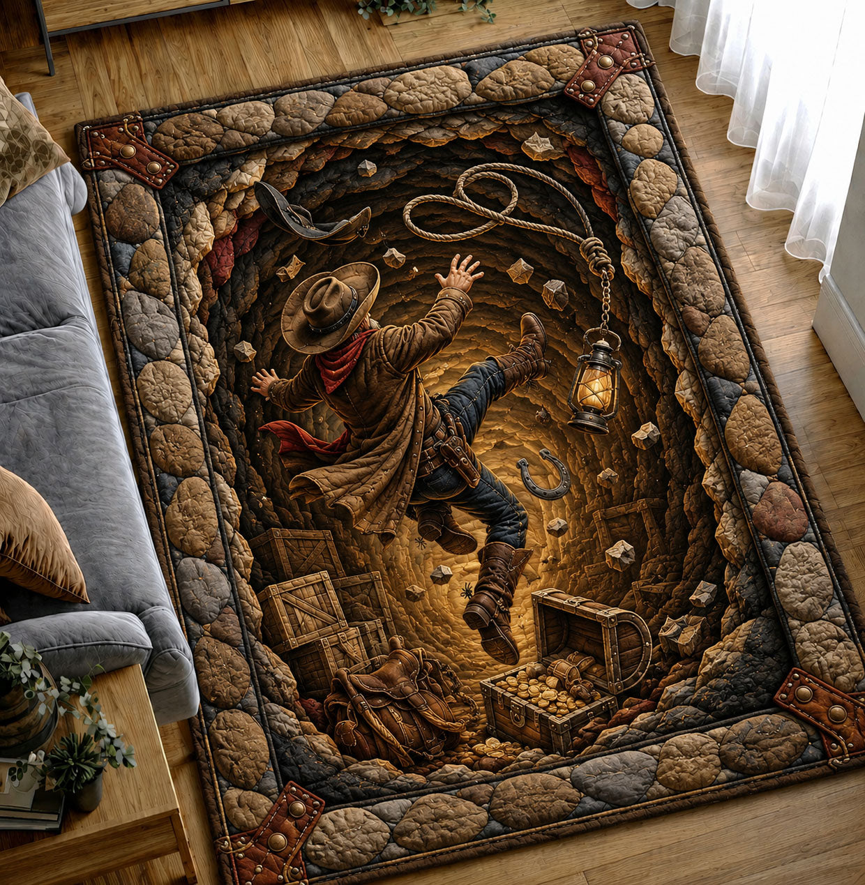 Cowboy Falling Into Hidden Treasure Cave Area Rug - Non-Slip Washable 3D Print Rug for Living Room & BedroomTVC2108423