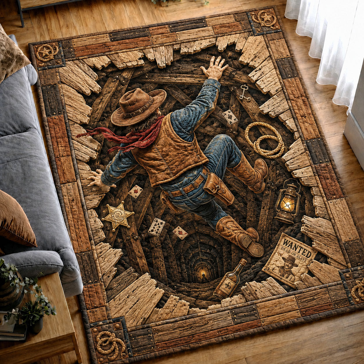 Cowboy Falling Into Wild West Tunnel Area Rug - Non-Slip Washable 3D Print Rug for Living Room & BedroomTVC2108423