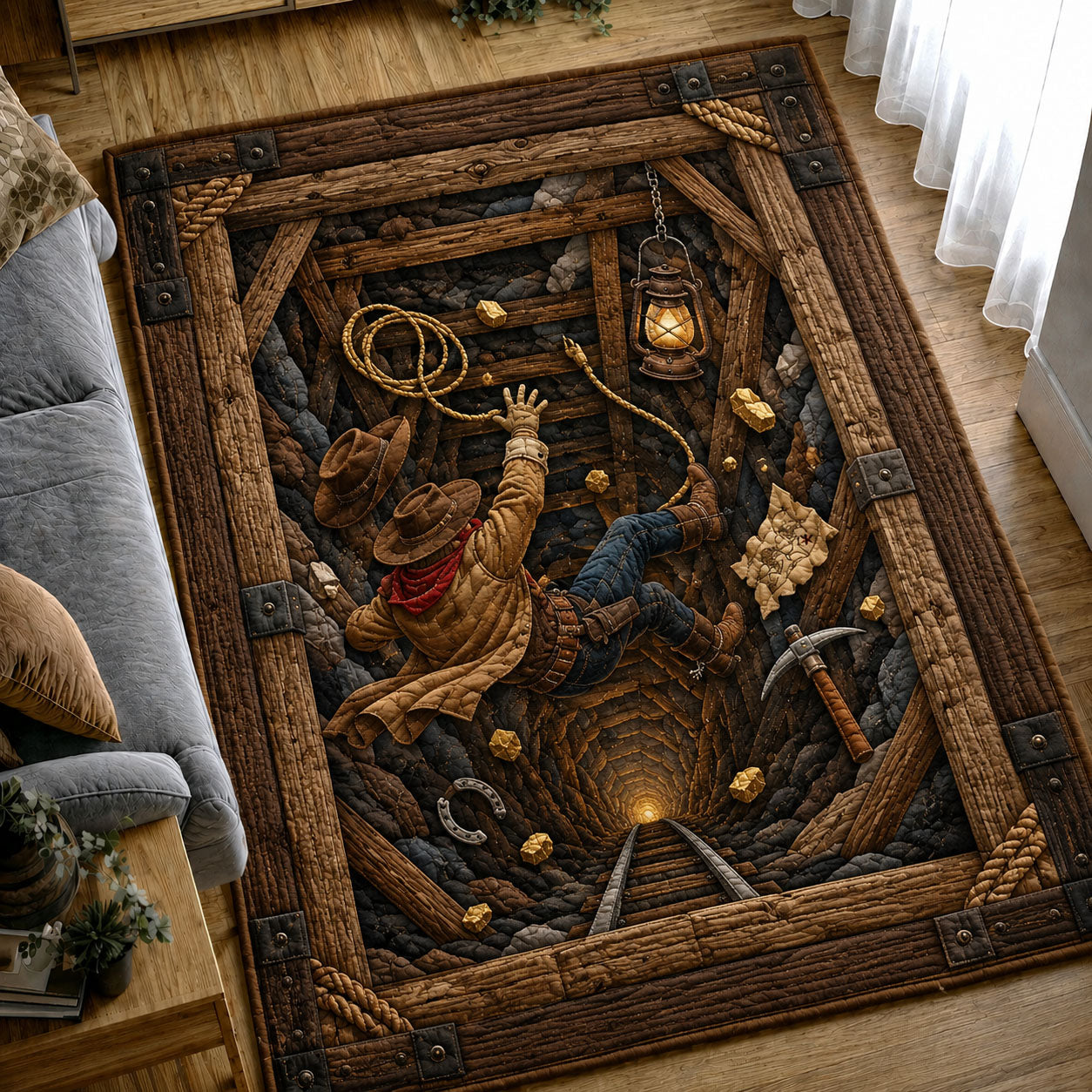 Cowboy Falling Through Abandoned Mine Area Rug - Non-Slip Washable 3D Print Rug for Living Room & BedroomTVC2108423