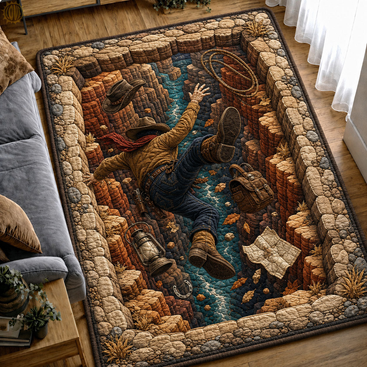 Cowboy Falling Through Red Rock Gorge Area Rug - Non-Slip Washable 3D Print Rug for Living Room & BedroomTVC2108422