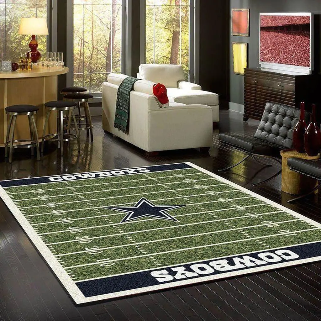 Cowboys Football Field Rug for Kids Bedroom Decor Green and White
