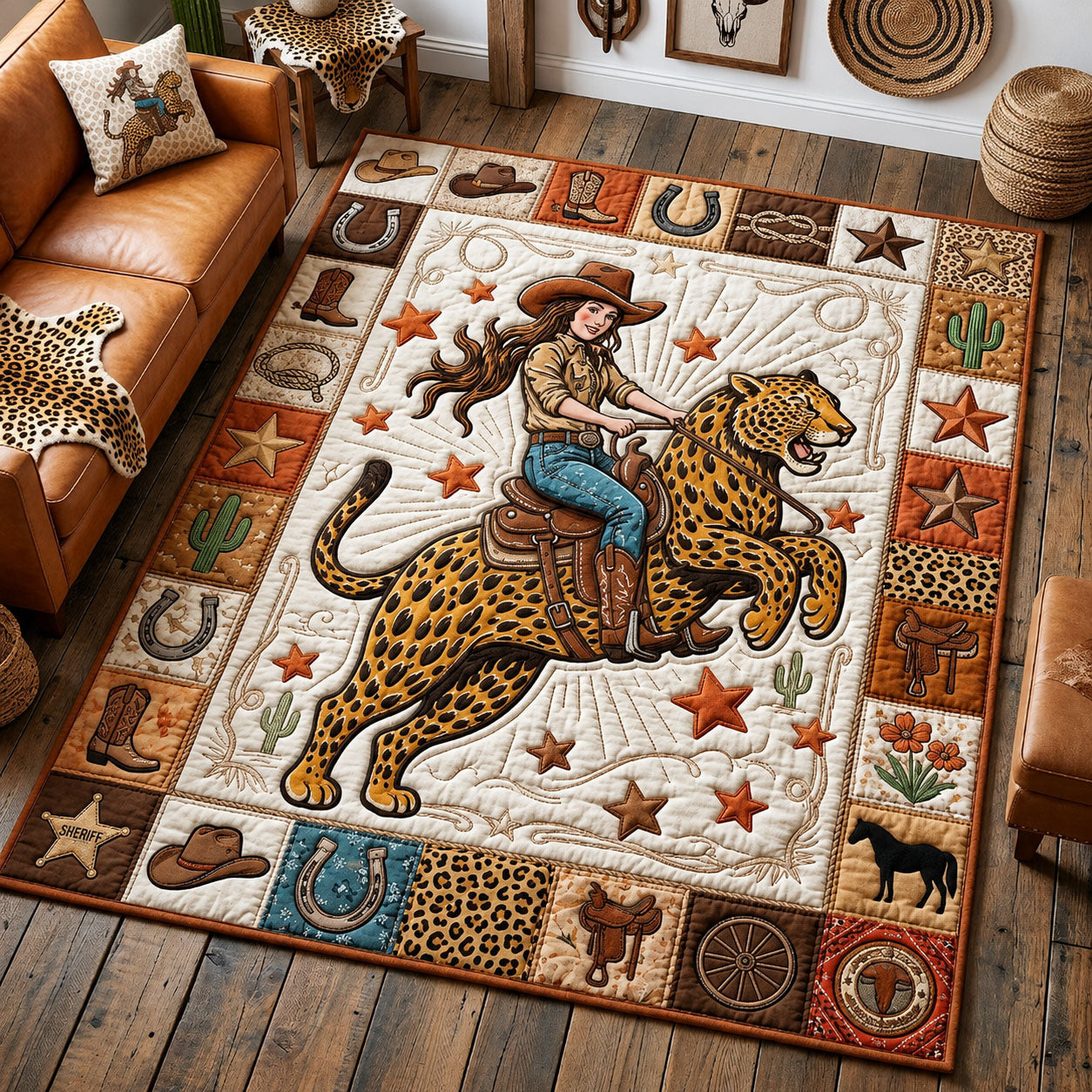 Cowgirl Riding Leopard Area Rug - Non-Slip Washable 3D Print Rug for Living Room & BedroomTVC2108422