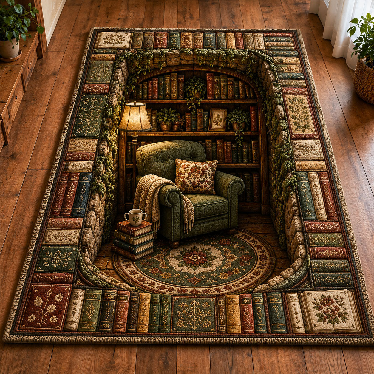 Cozy Hidden Reading Nook Library Area Rug - Non-Slip Washable 3D Print Rug for Living Room & BedroomTVC2108422