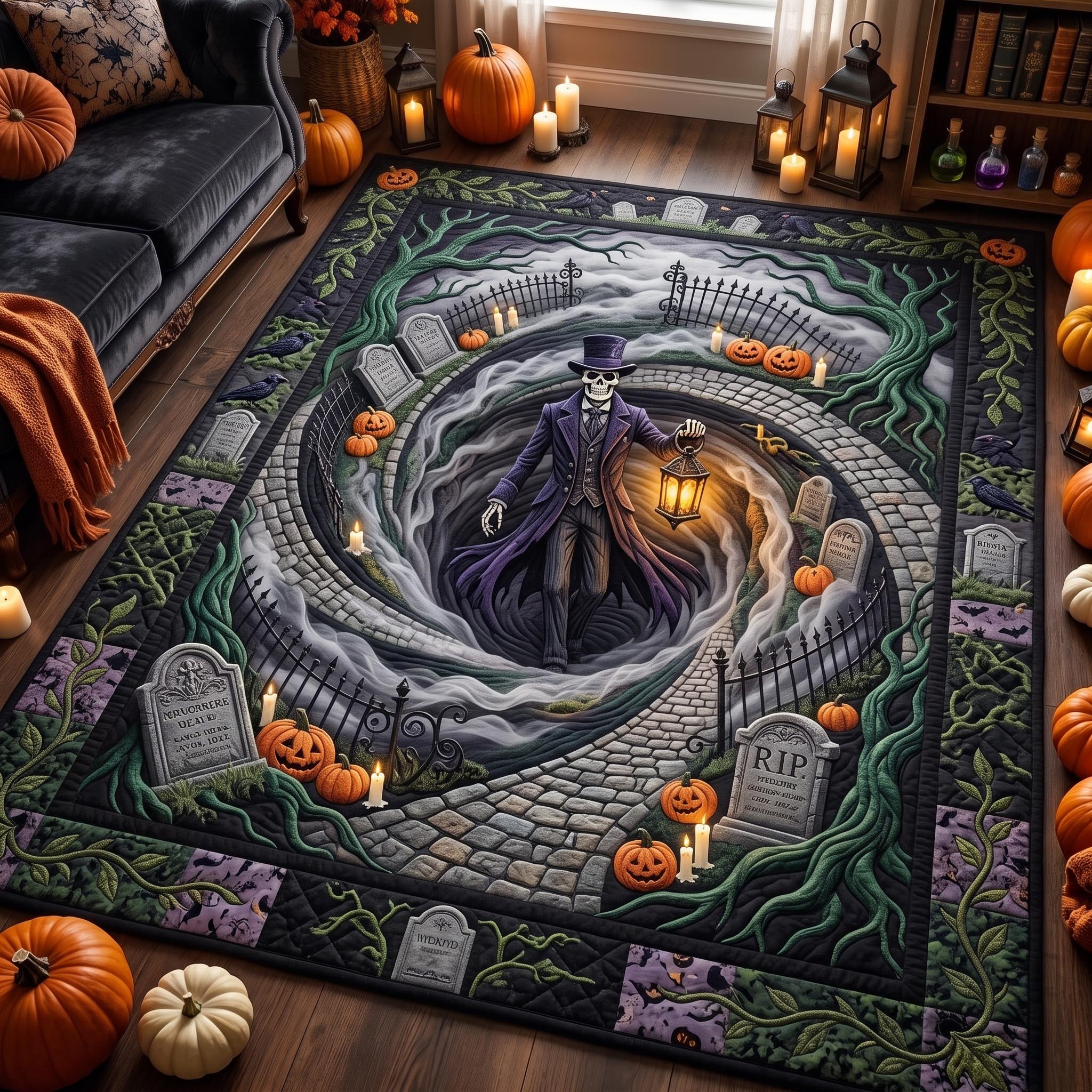 Cozy Skeleton Halloween Area Rug - Non-Slip Washable 3D Print Rug for Living Room & BedroomTVC2108422
