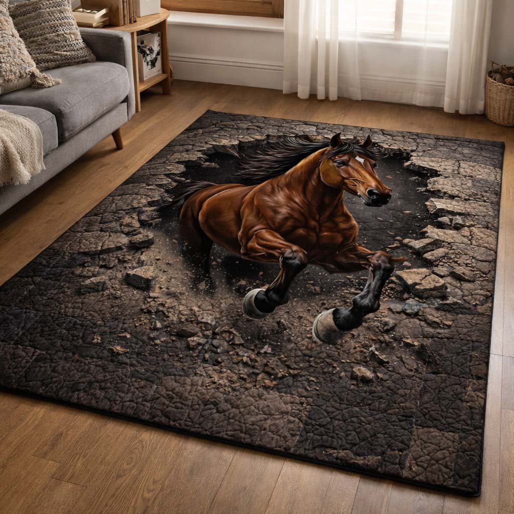 Cracked Earth Stallion Area Rug - Non-Slip Washable 3D Print Rug for Living Room & BedroomTVC2108422