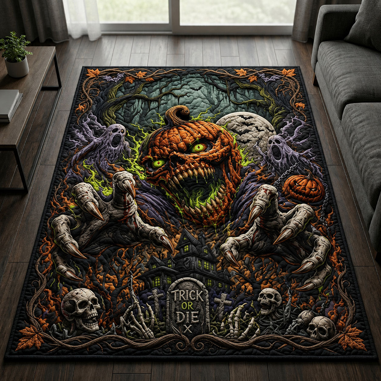 Creepy Pumpkin Halloween Area Rug - Non-Slip Washable 3D Print Rug for Living Room & Bedroom (DesignTVC2108422