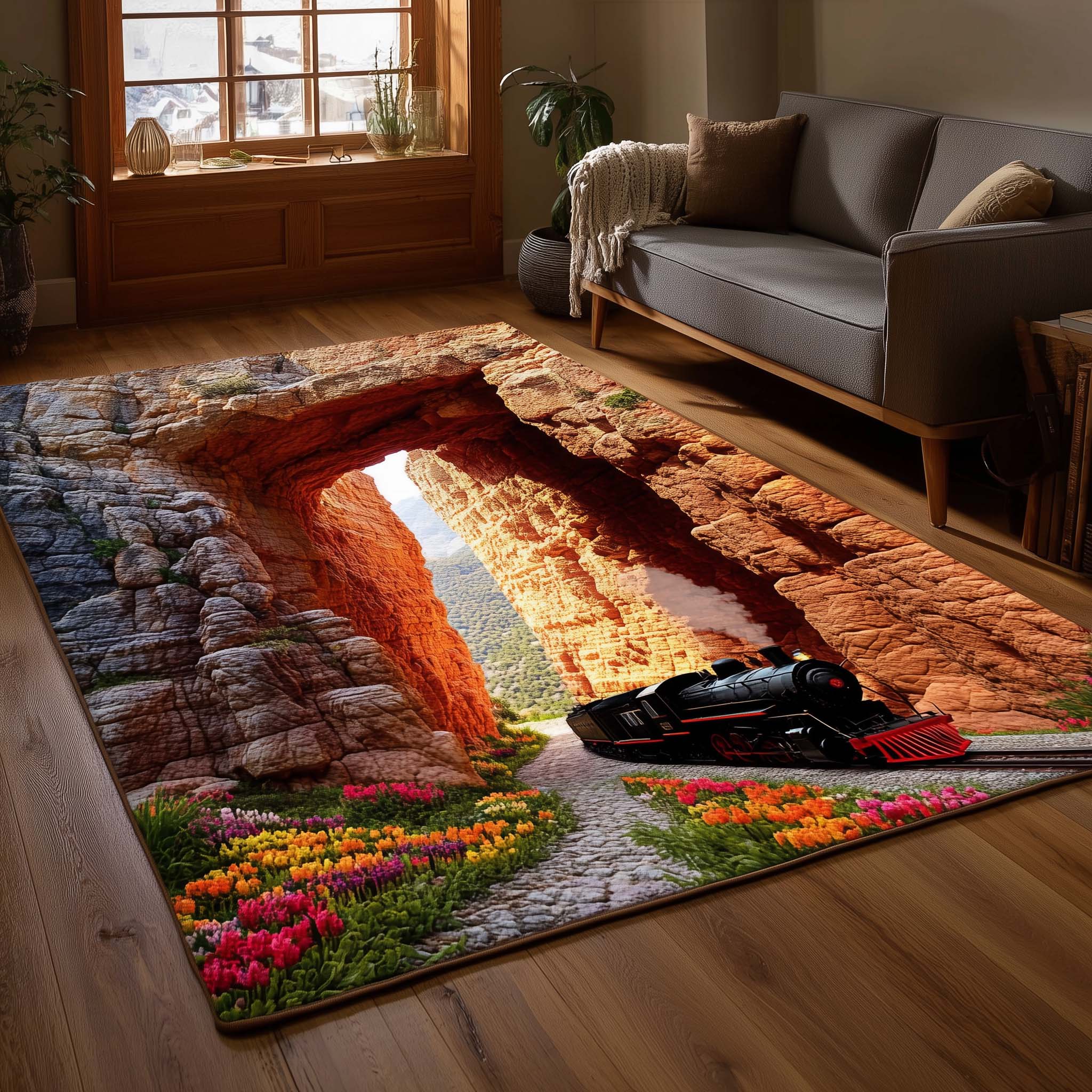 Crimson Archway Train Area Rug - Non-Slip Washable 3D Print Rug for Living Room & BedroomTVC2108422