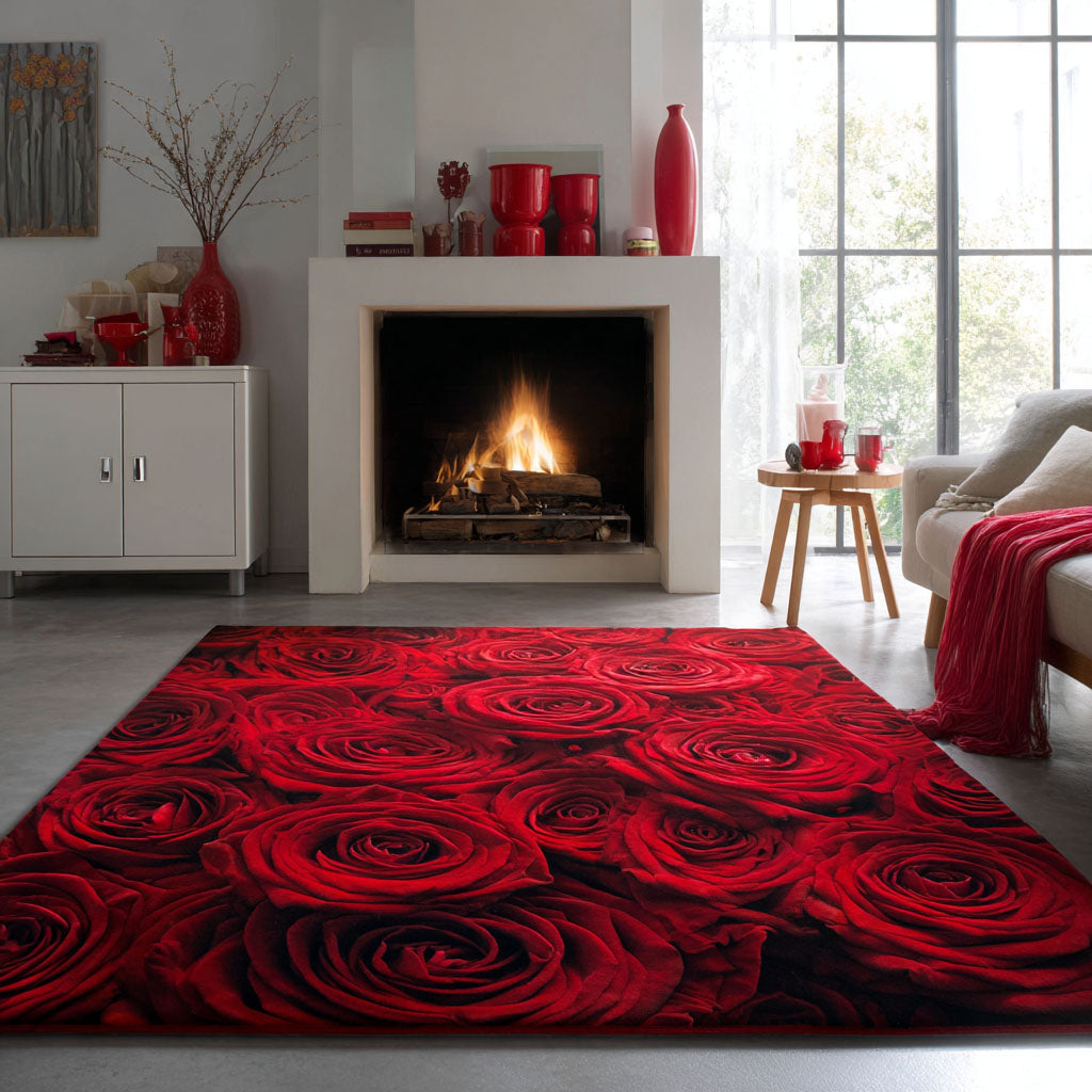 Crimson Bloom Area Rug - Non-Slip Washable 3D Print Rug for Living Room & BedroomTVC2108340