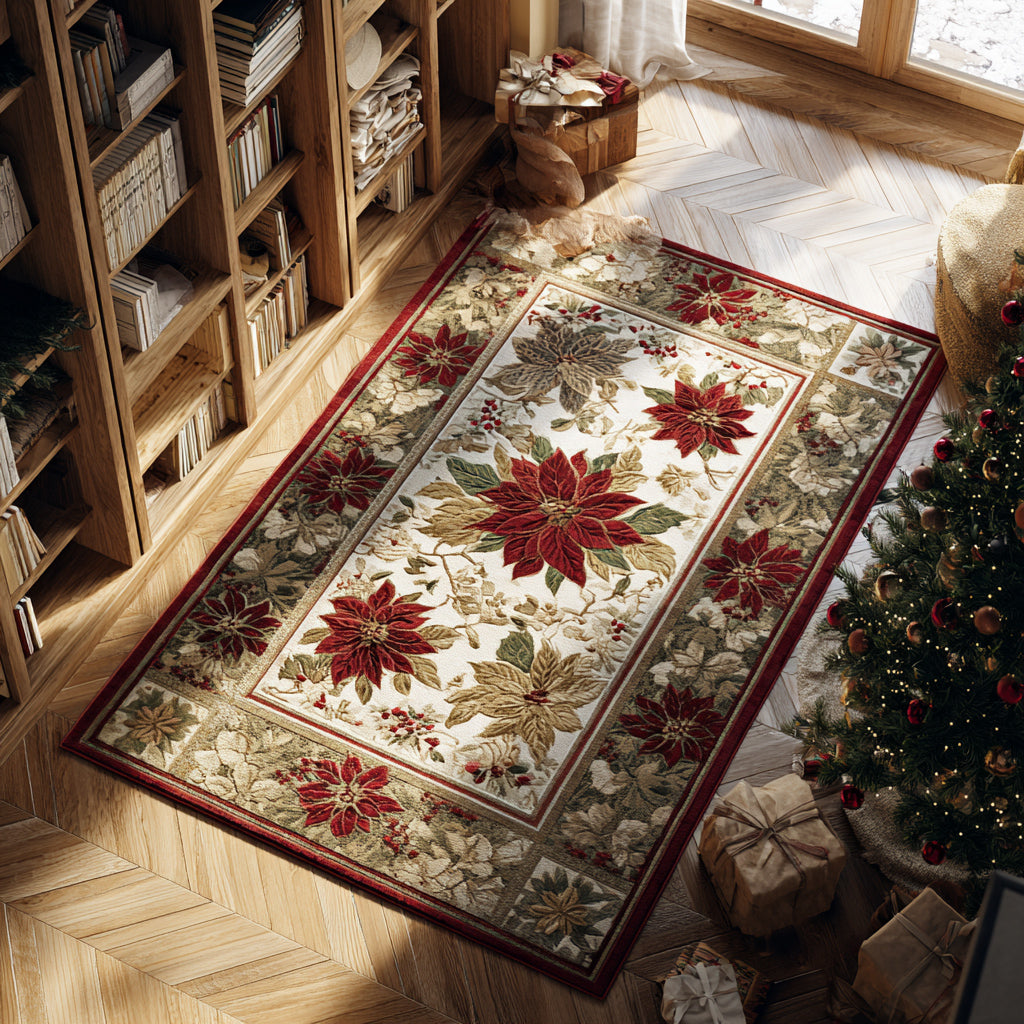 Crimson Poinsettia Border Area Rug - Non-Slip Washable 3D Print Rug for Living Room & BedroomTVC2108339