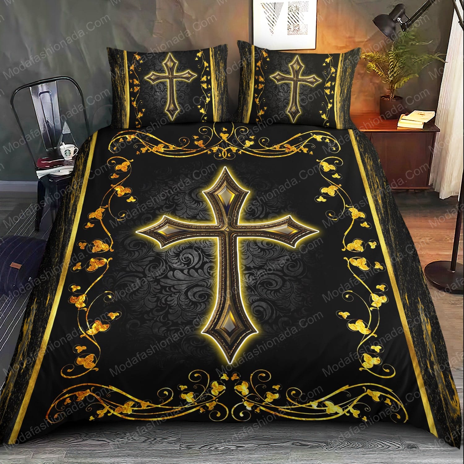 Cross Jesus Black And Gold Background Bedding Sets