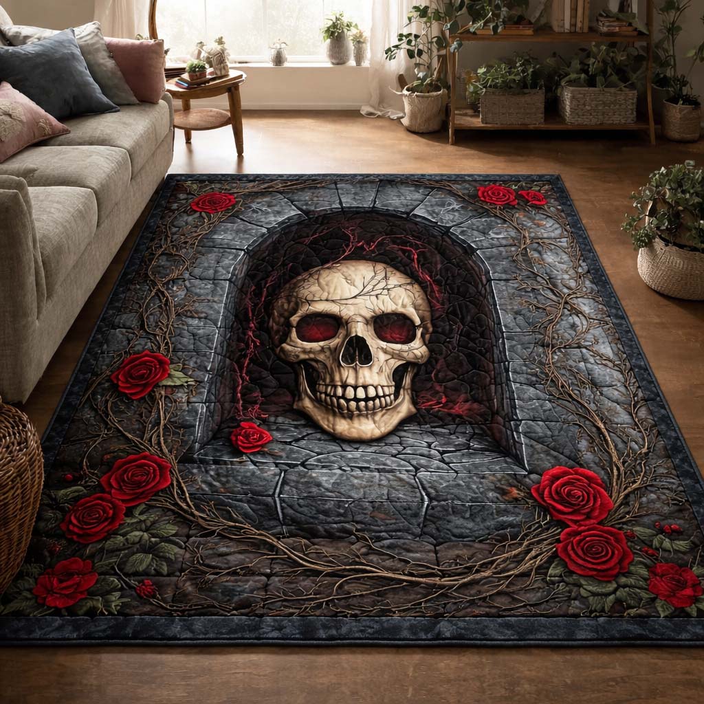 Crypt Rose Skull Area Rug - Non-Slip Washable 3D Print Rug for Living Room & BedroomTVC2108422