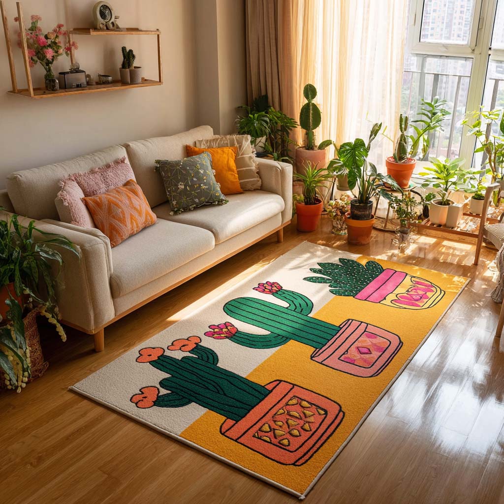 Cute Cactus Area Rug - Non-Slip Washable 3D Print Rug for Living Room & BedroomTVC2108339
