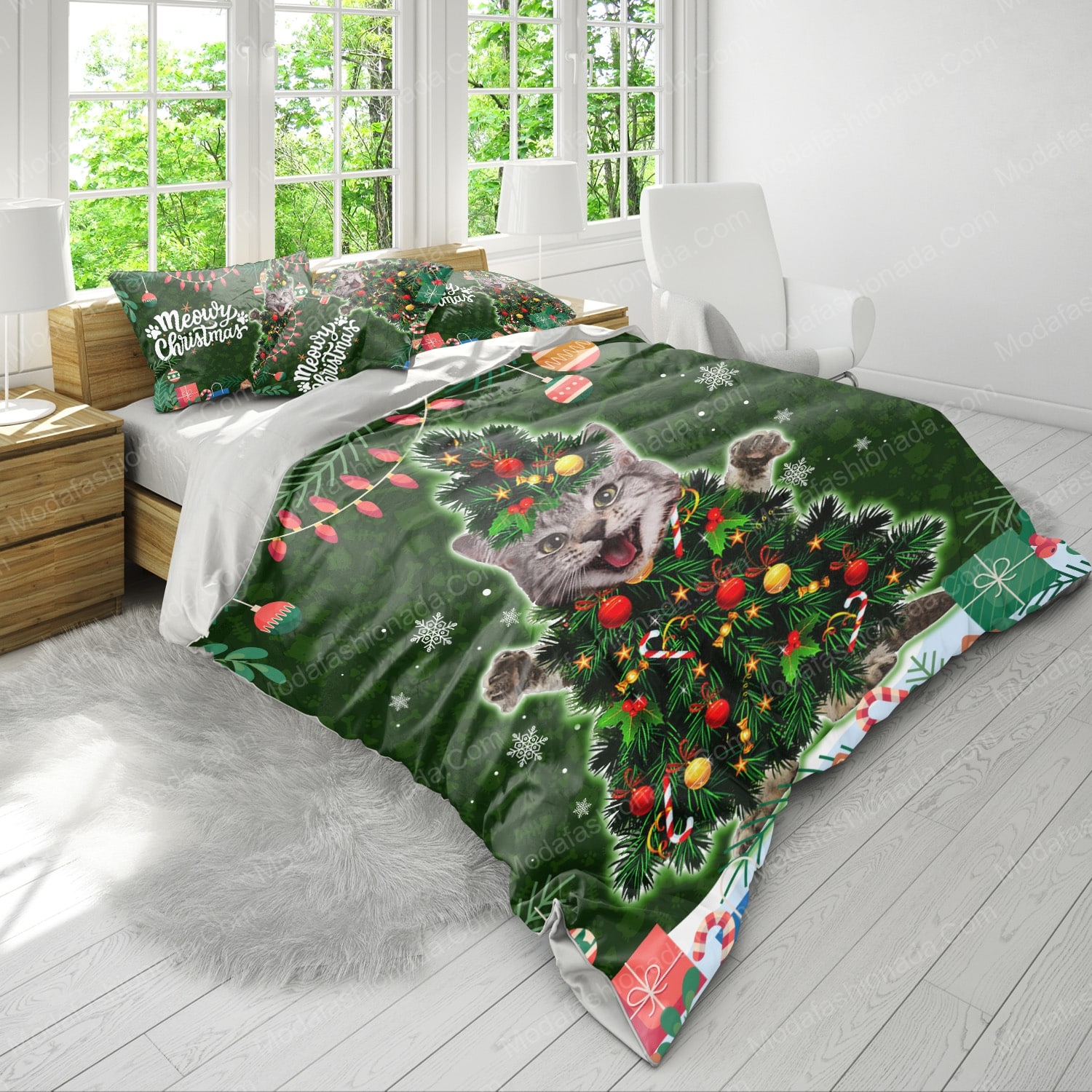 Cute Maine Coon Cat Christmas Tree Light Xmas Bedding Sets