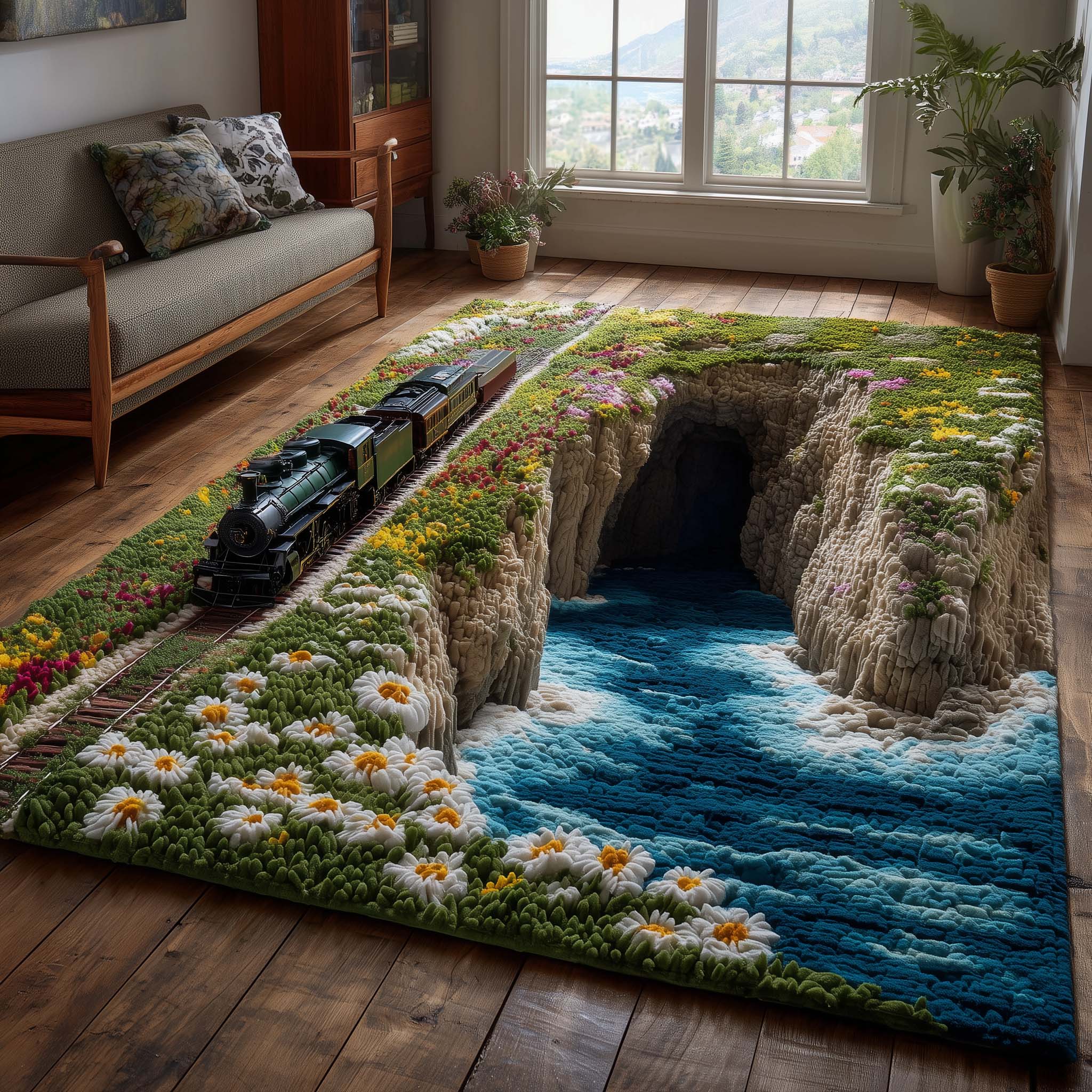 Daisy River Railway Area Rug - Non-Slip Washable 3D Print Rug for Living Room & BedroomTVC2108422
