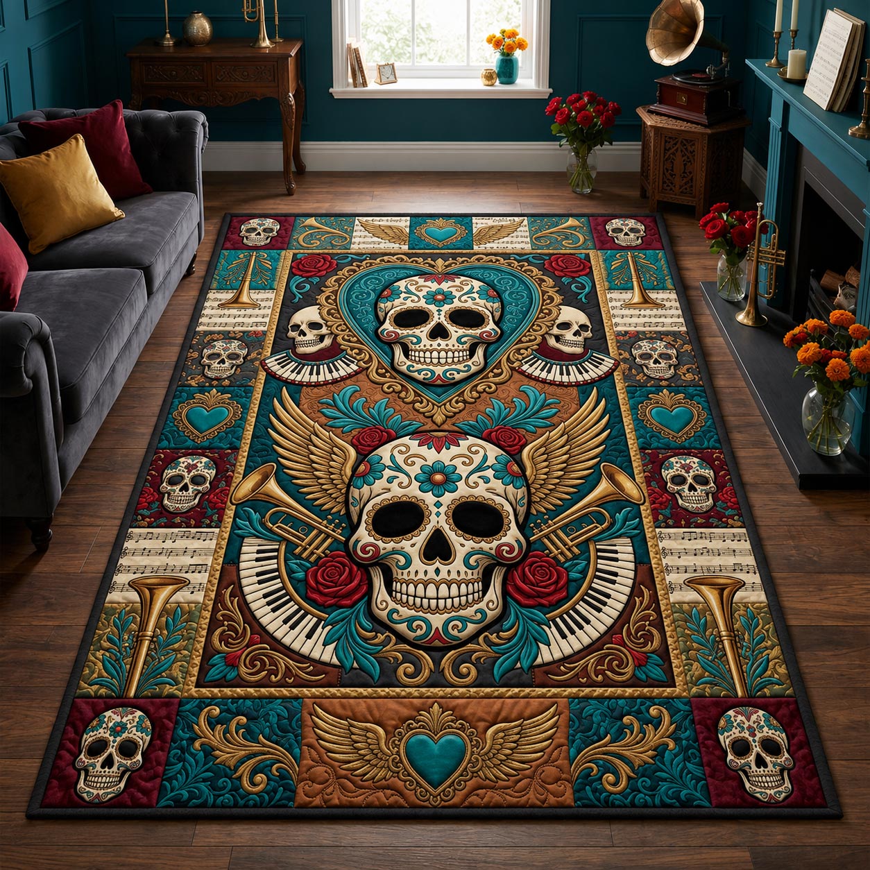 Day Of The Dead Floral Sugar Skull Area Rug - Non-Slip Washable 3D Print Rug for Living Room & BedroomTVC2108237