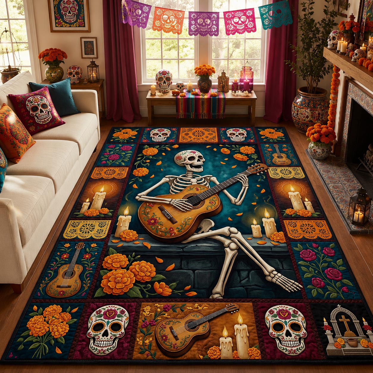 Day Of The Dead Guitarist Area Rug - Non-Slip Washable 3D Print Rug for Living Room & BedroomTVC2108422