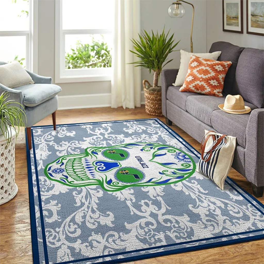 Decorative Rug Featuring Artistic Sugar Skull Design Blue and White